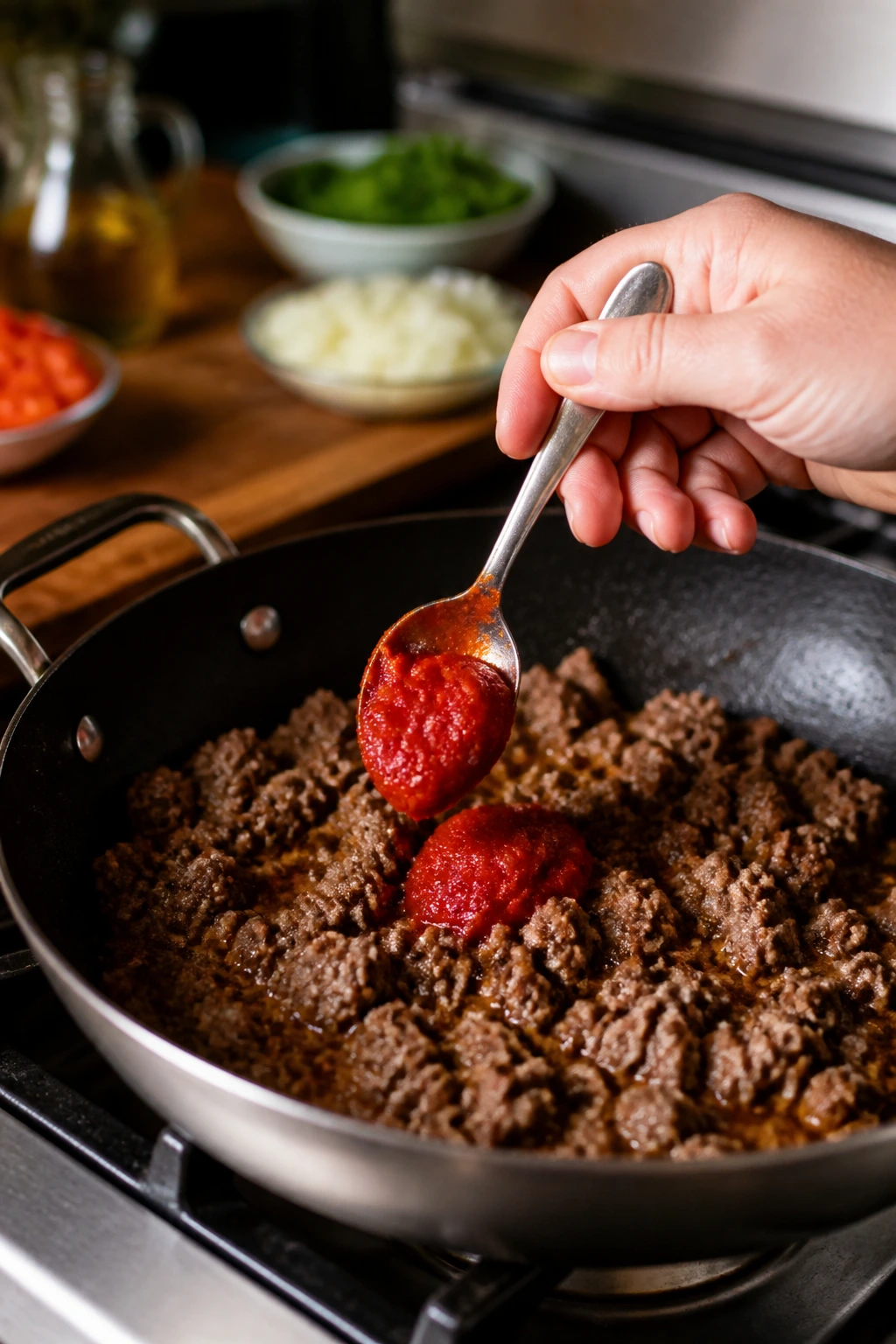 Hands adding tomato paste to a beef skillet illustrating flavor boosters in action