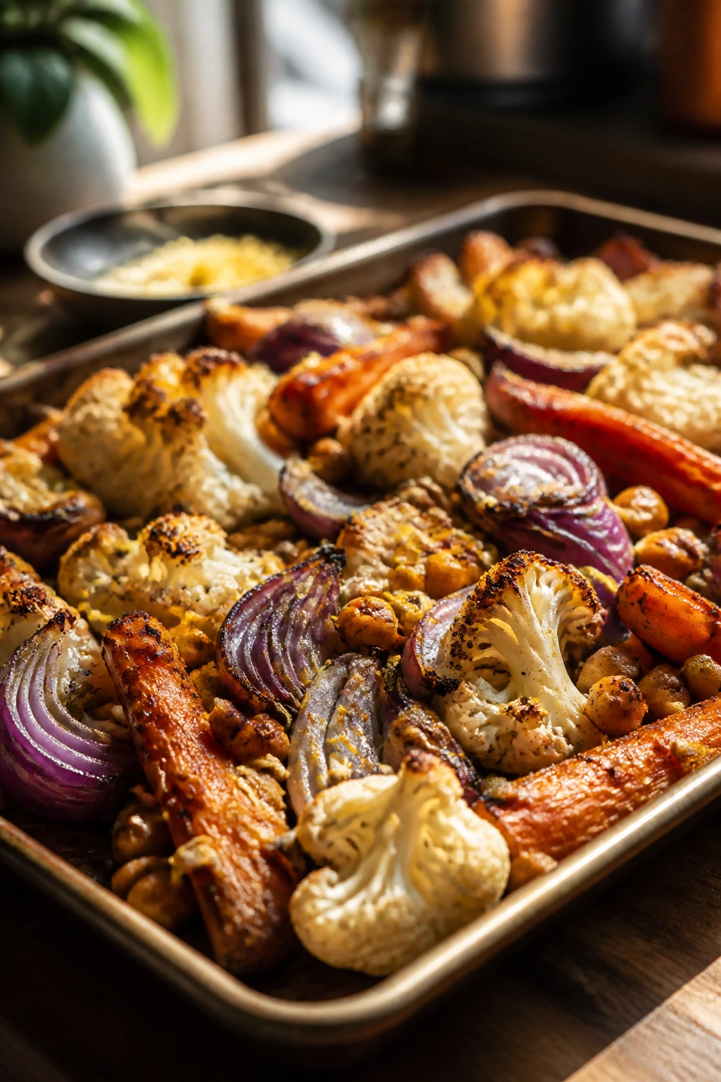 Sheet pan roasted vegetables with lemon zest and seeds for flavor