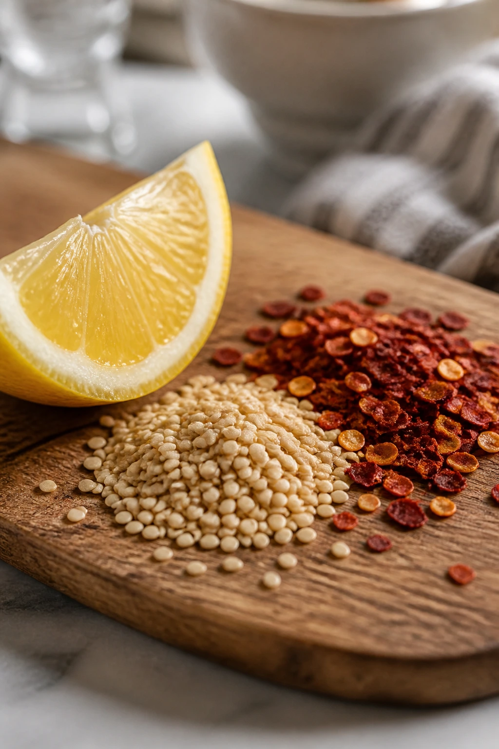 Lemon wedge, sesame seeds, and chili flakes on a wooden board