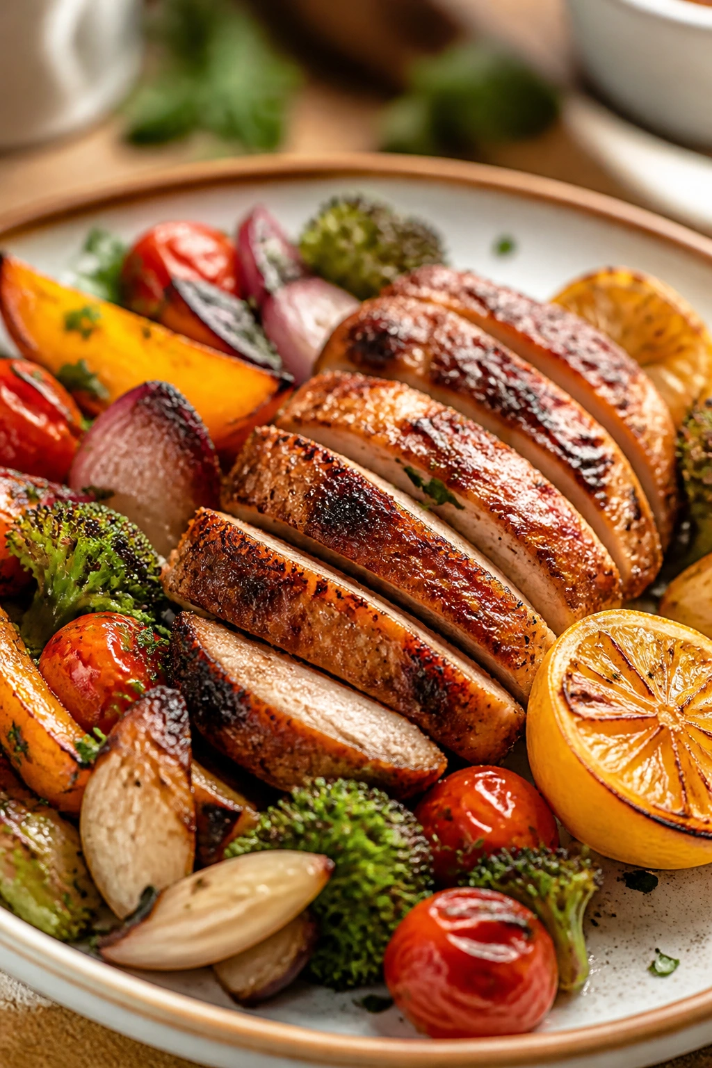 Colorful plate with browned protein and vegetables