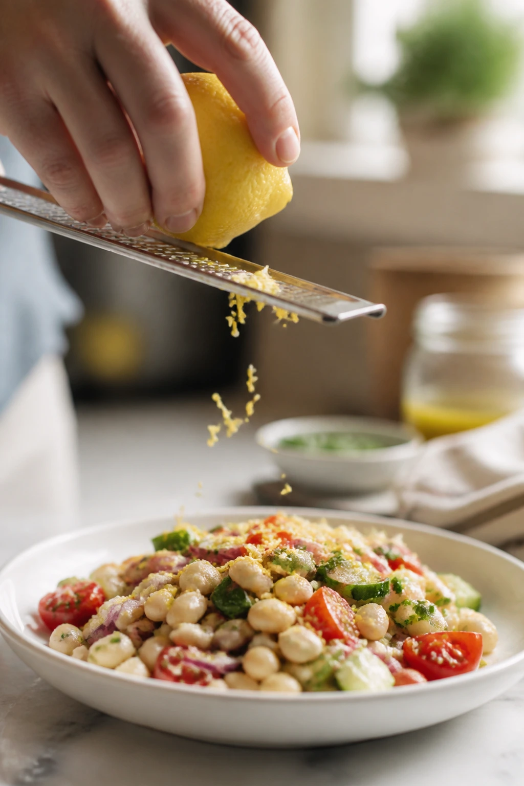 Hand grating lemon zest over a salad for flavor enhancement.
