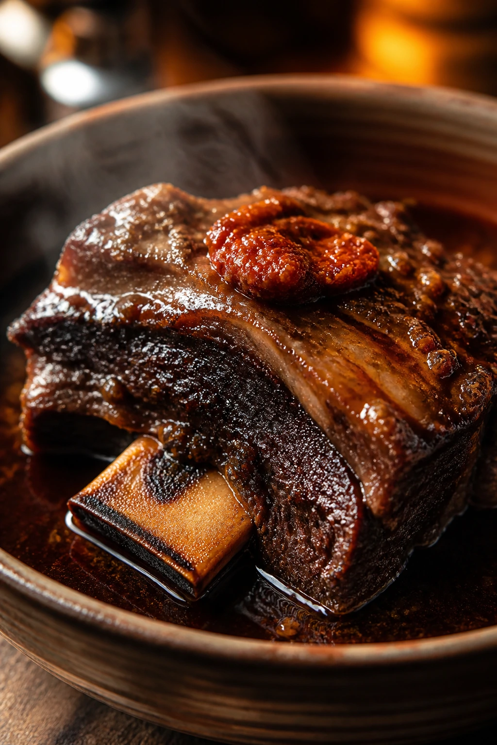Braised beef short rib in glossy sauce in a ceramic bowl with steam