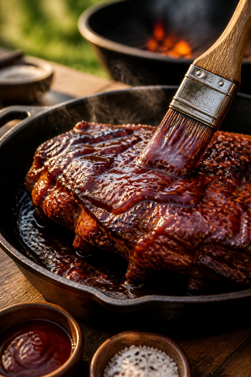 Close-up of glaze being brushed on meat with sauce bowls nearby