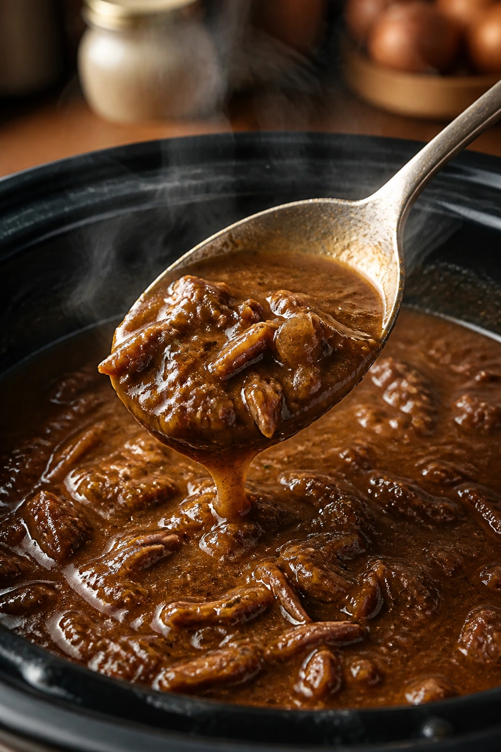 Glossy gravy being stirred on a spoon with steam