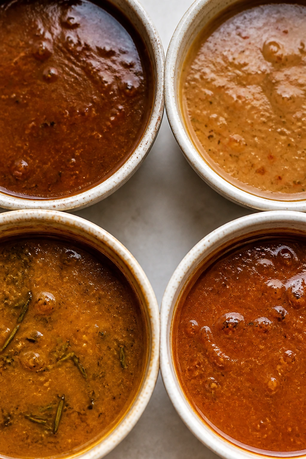 Gravy close-up with color variations suggesting flavor tweaks