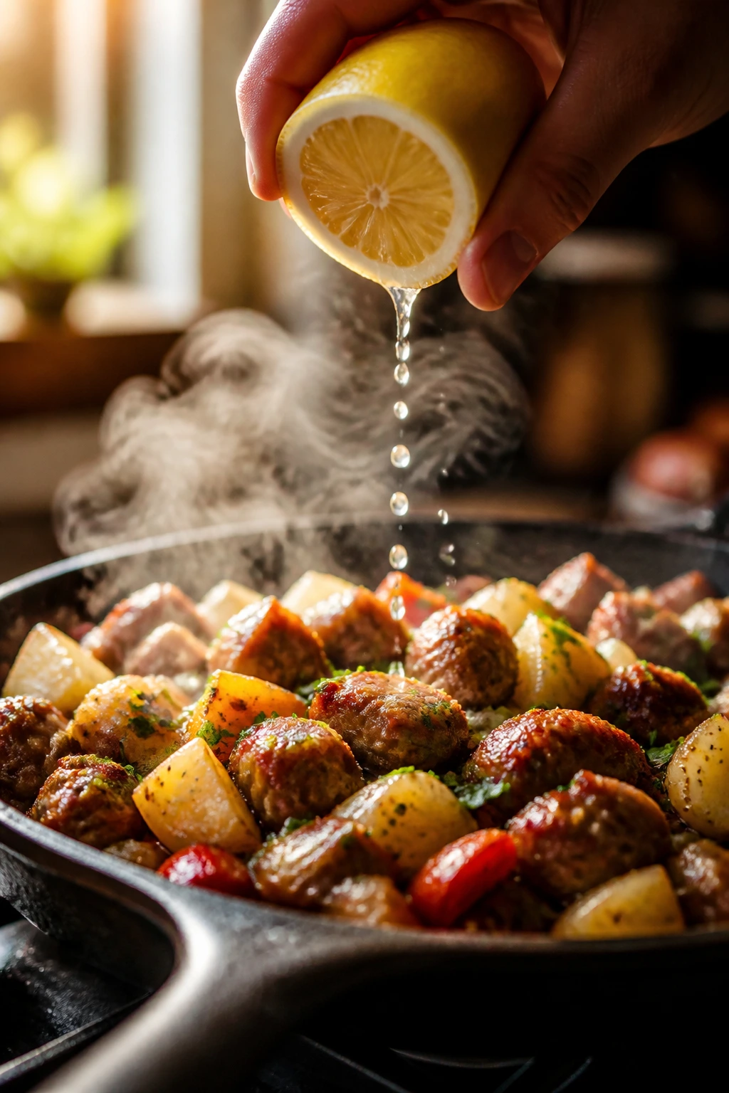 Splash of lemon juice finishing a sausage skillet dish.