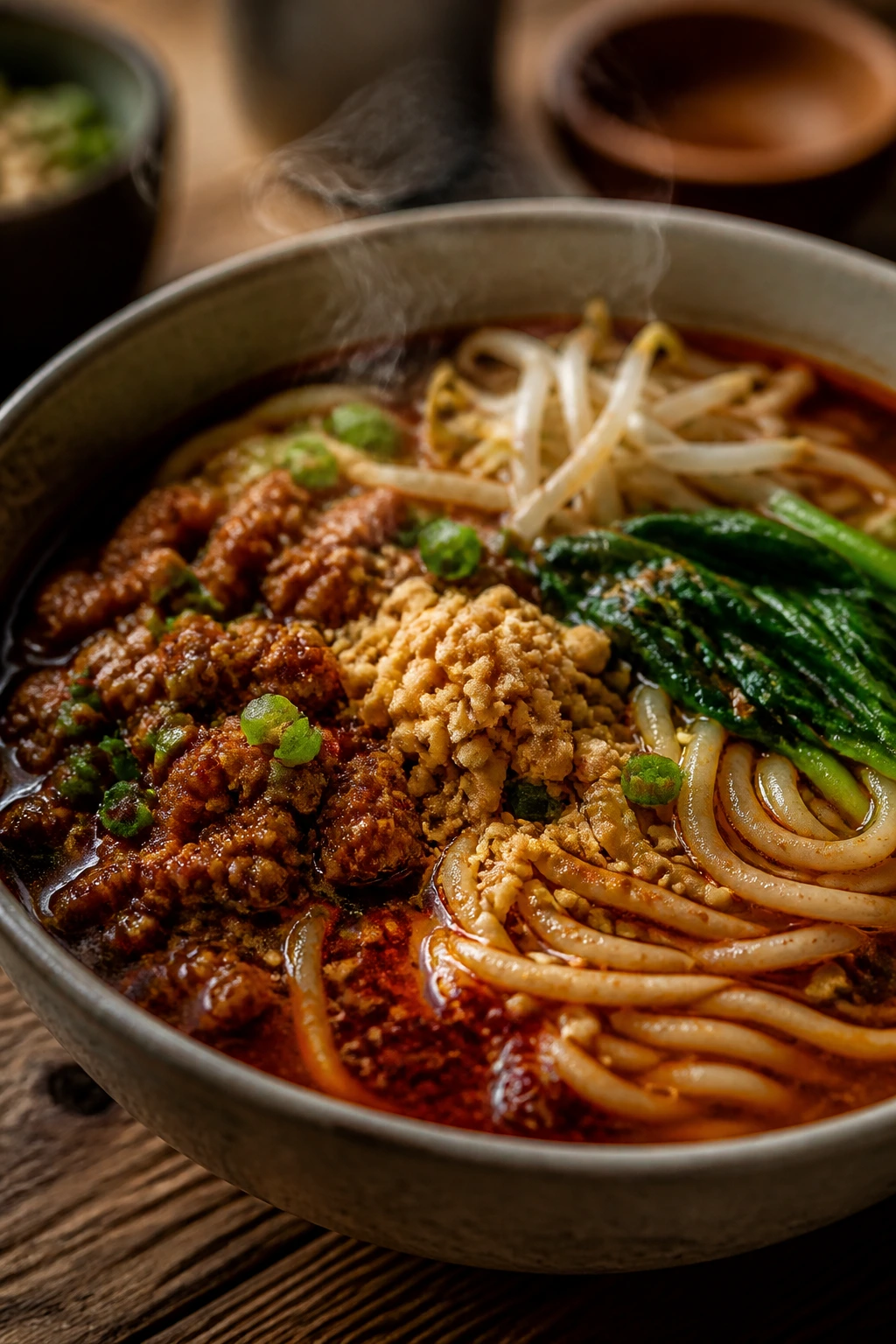 Steaming noodle bowl with glossy sauce showing depth and balance.