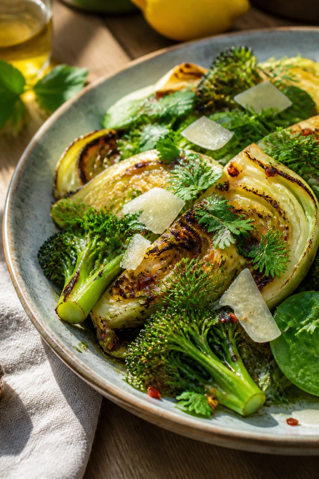 Plate of vegetables with miso glaze, parmesan, and herbs