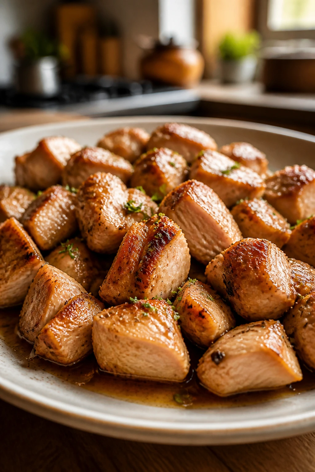 Juicy reheated chicken with glossy glaze in a warm kitchen