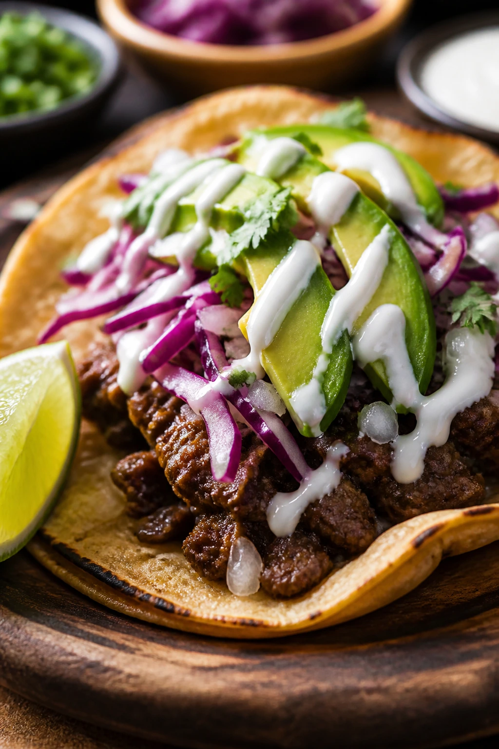 Loaded beef taco with crema avocado cabbage and onion
