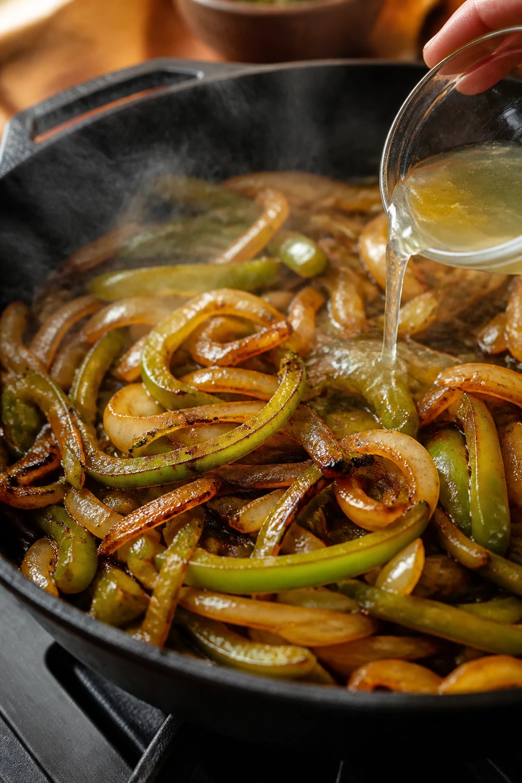 Close-up of a skillet with onions and peppers browning, plus a hint of pickle brine.