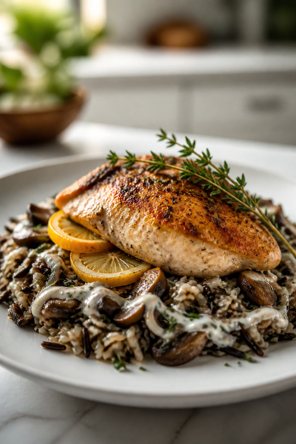 Plated chicken and wild rice with creamy finish and lemon thyme garnish