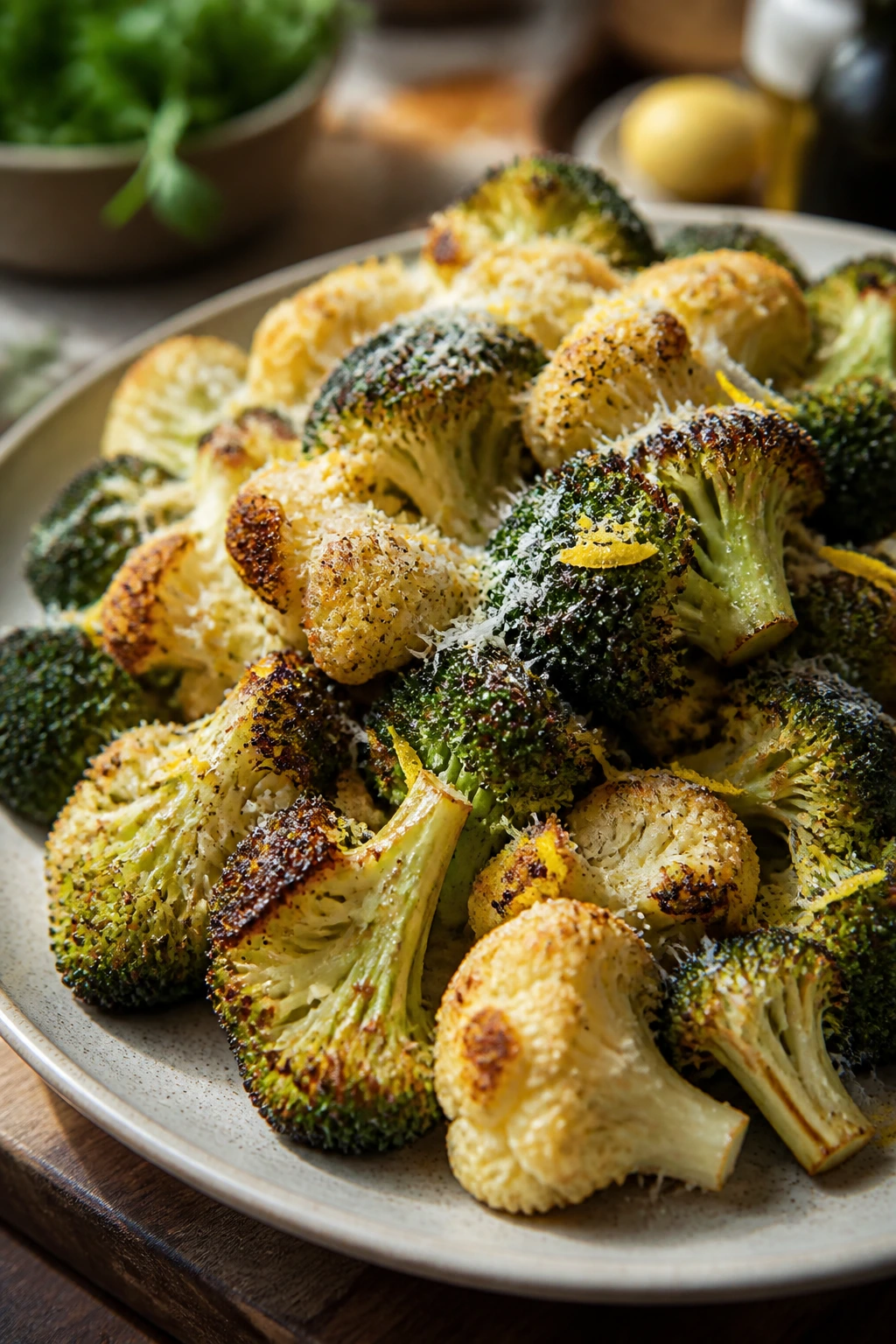 Broccoli and cauliflower with lemon zest and parmesan finish