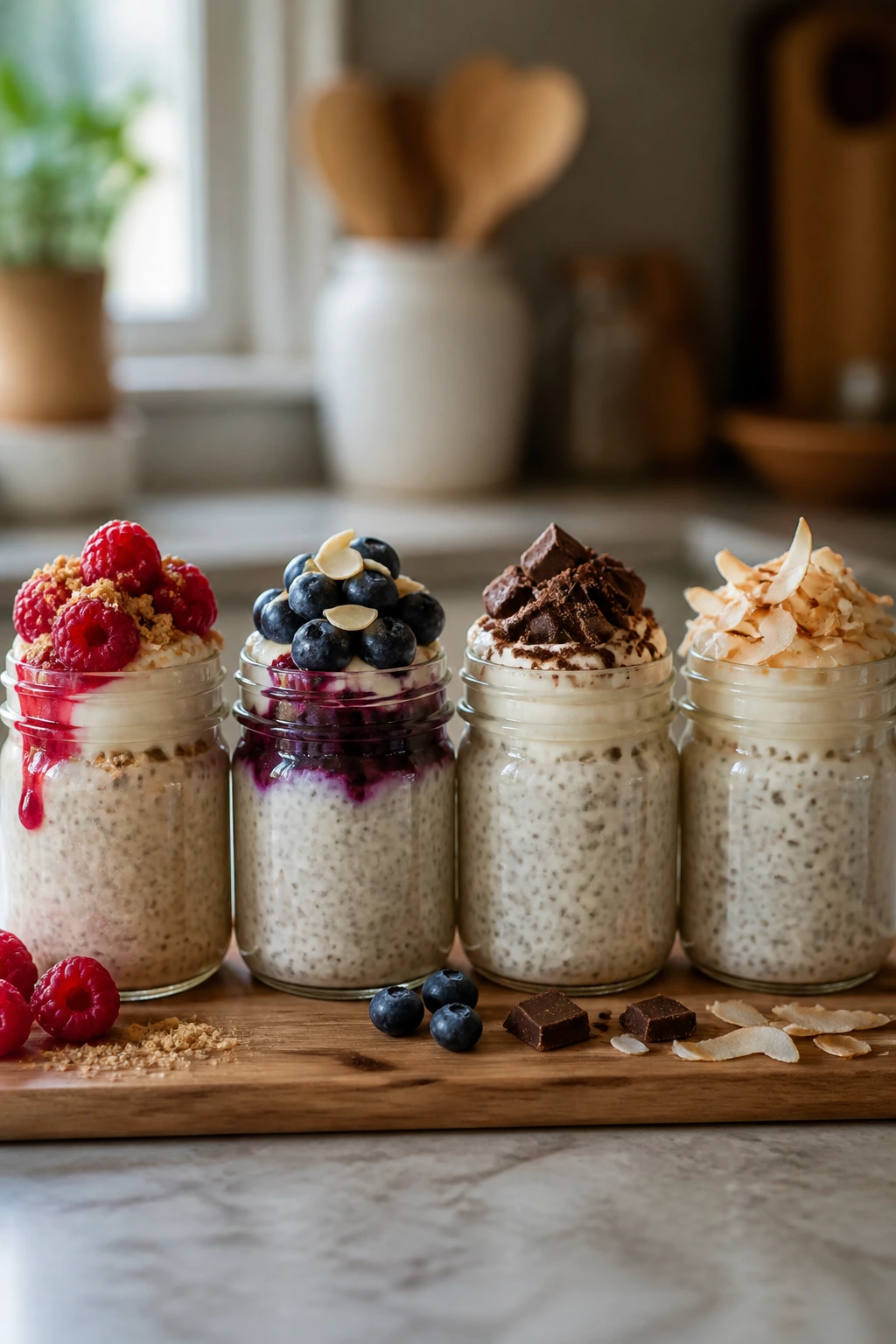 Four jars showing flavor swap toppings for buttery vanilla chia pudding