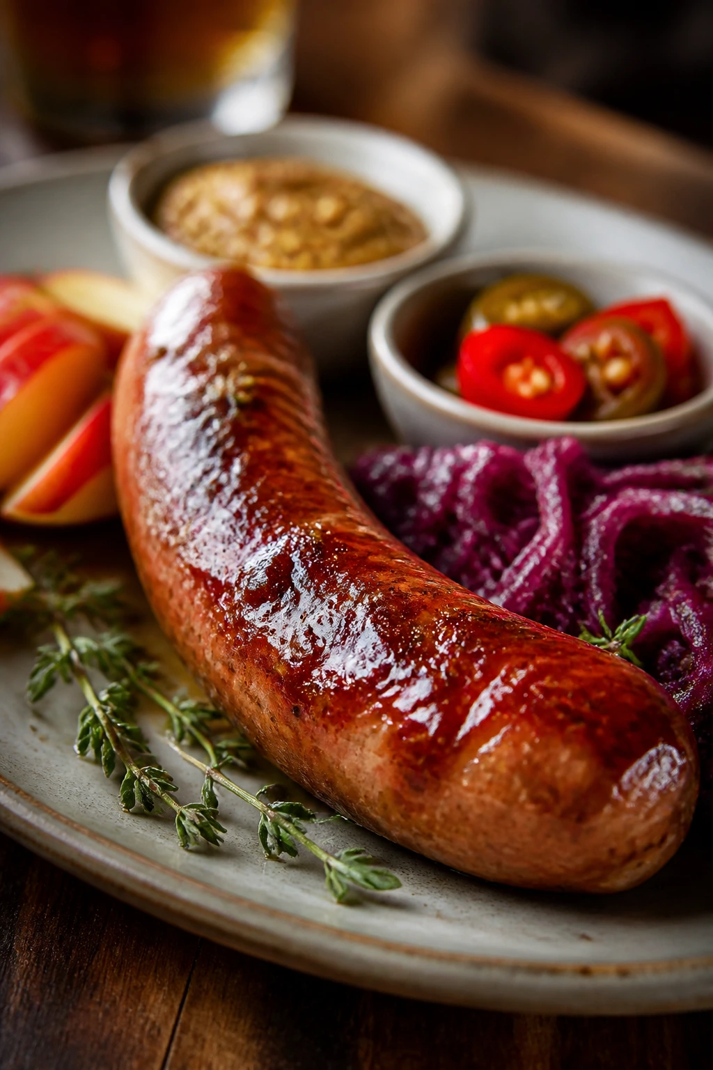 Glazed sausage plated with subtle garnish hints suggesting flavor variations