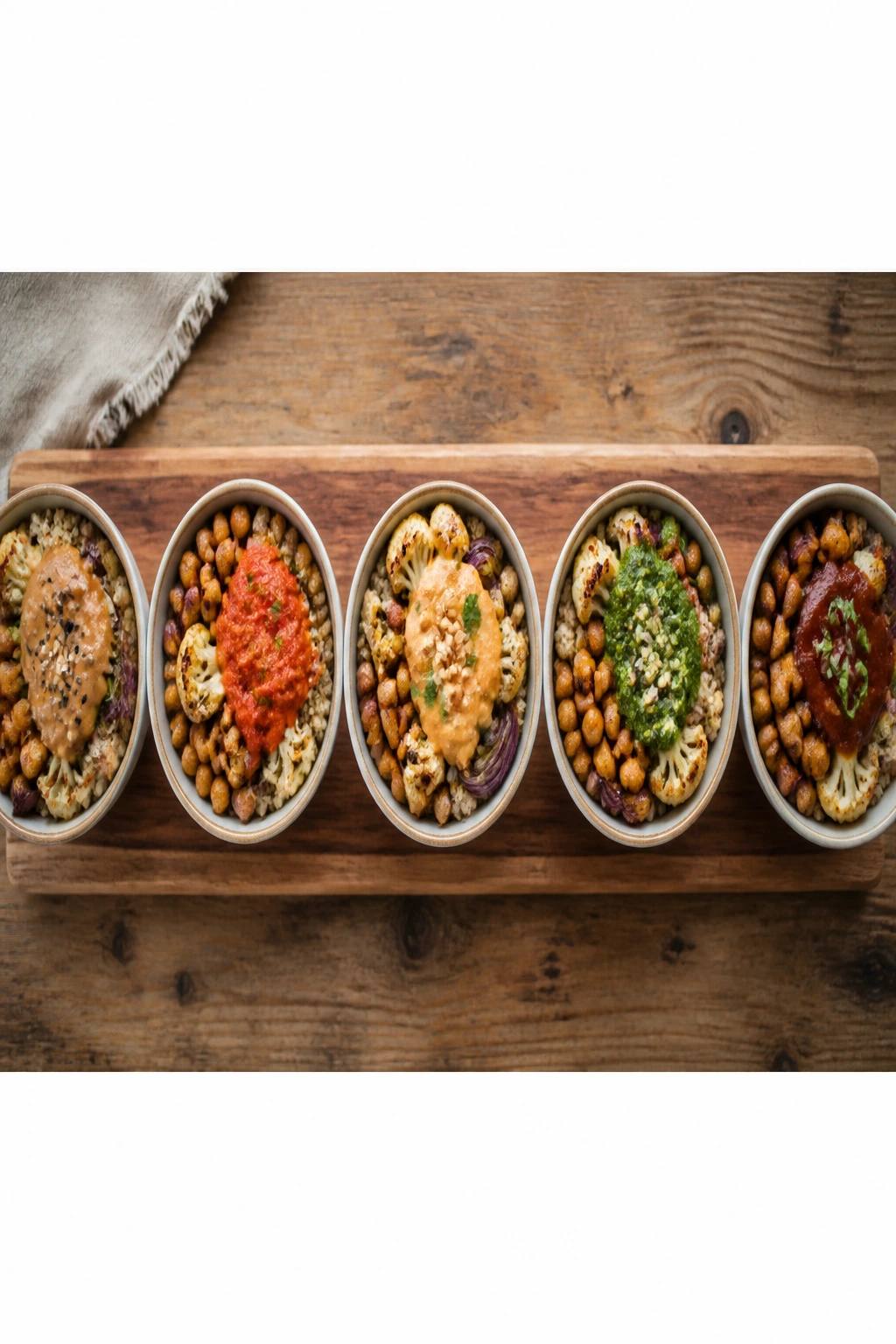 Top-down row of five bowls showing different sauces over the same base