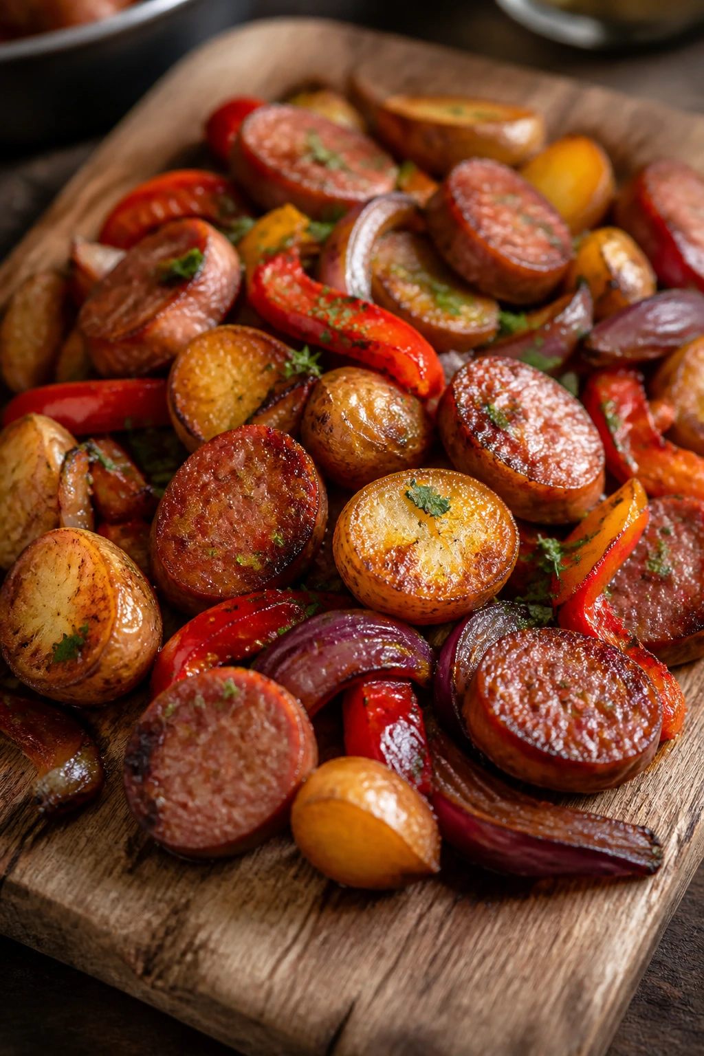 Roasted sausage with potatoes peppers and onions on a wooden board