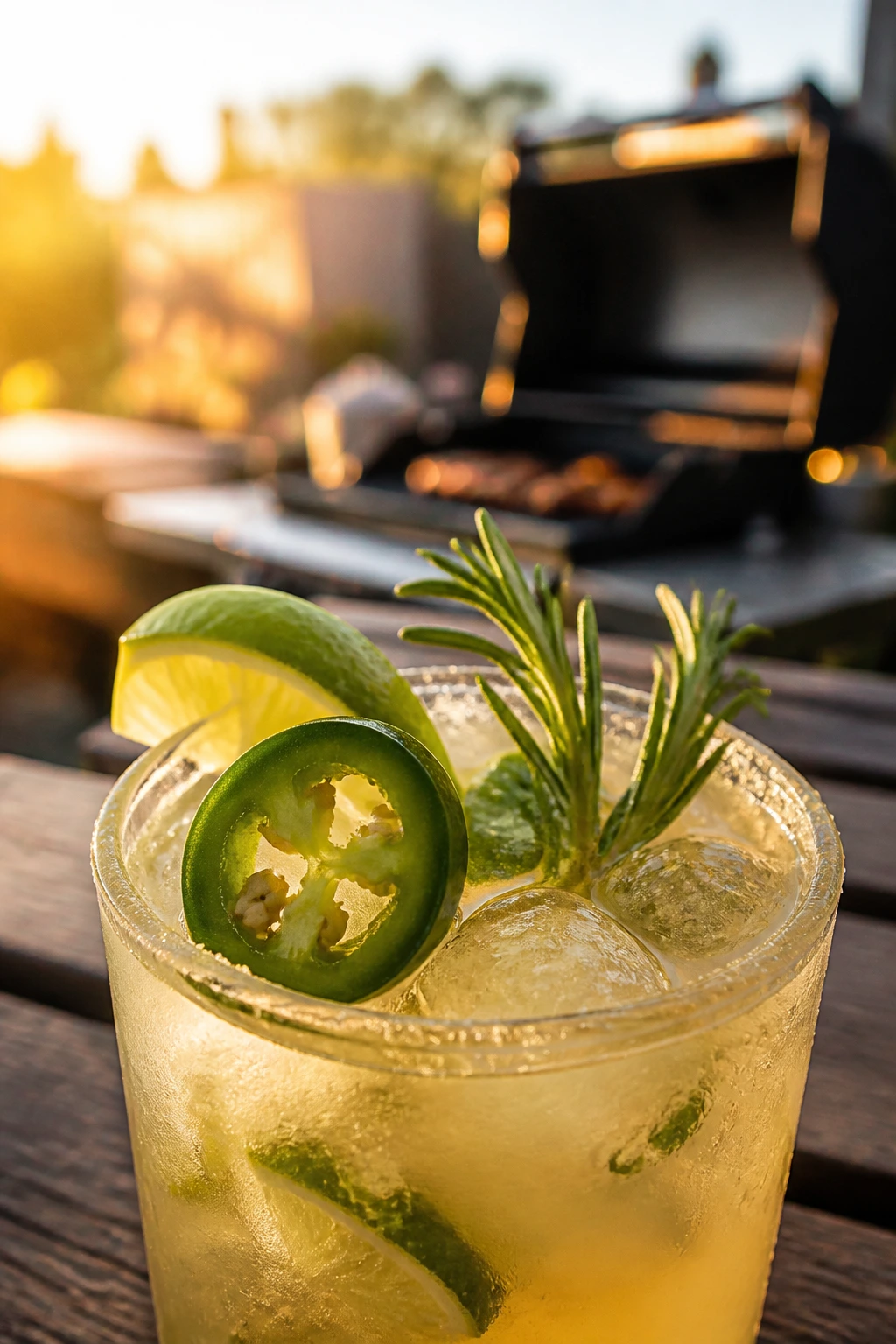 Cocktail glass with jalapeño slice and lime wedge on a sunny patio.