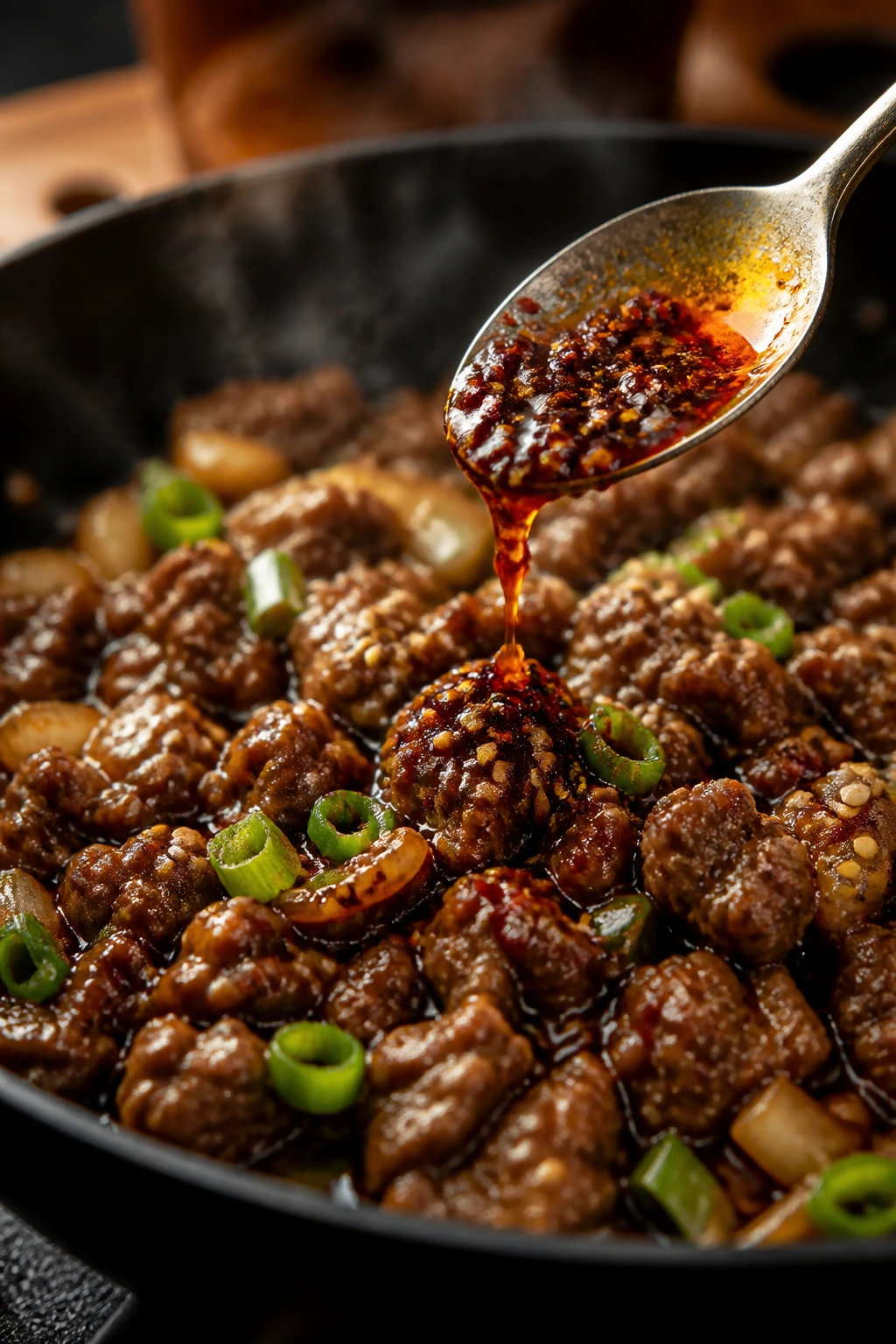 Spoon drizzle of chili crisp over sesame beef in skillet