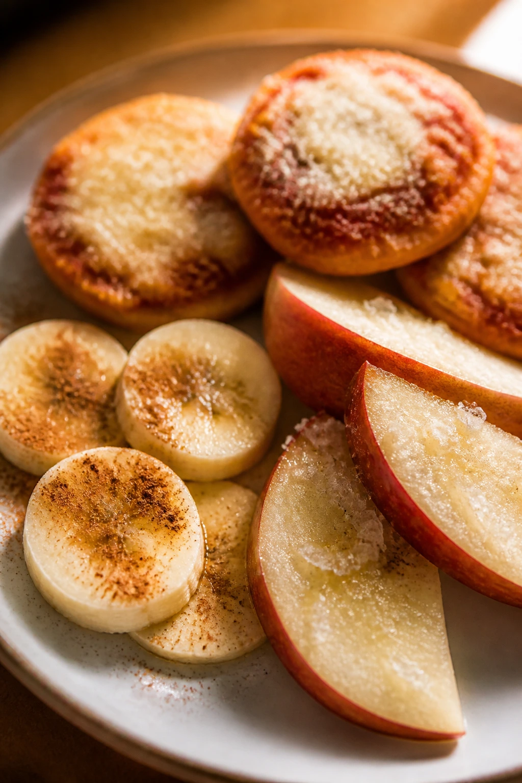 Plate with cinnamon-dusted banana slices, parmesan-topped pizza bites, and salted apple slices