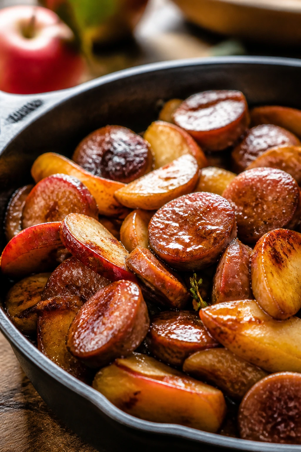 Sausage with apples and glaze in a skillet for Smoky Apple Orchard variation