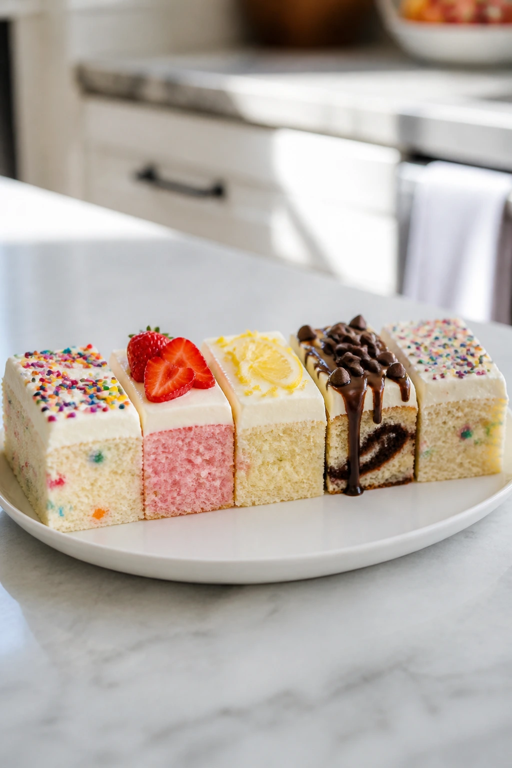Plate of five cake slices each with different colors and toppings
