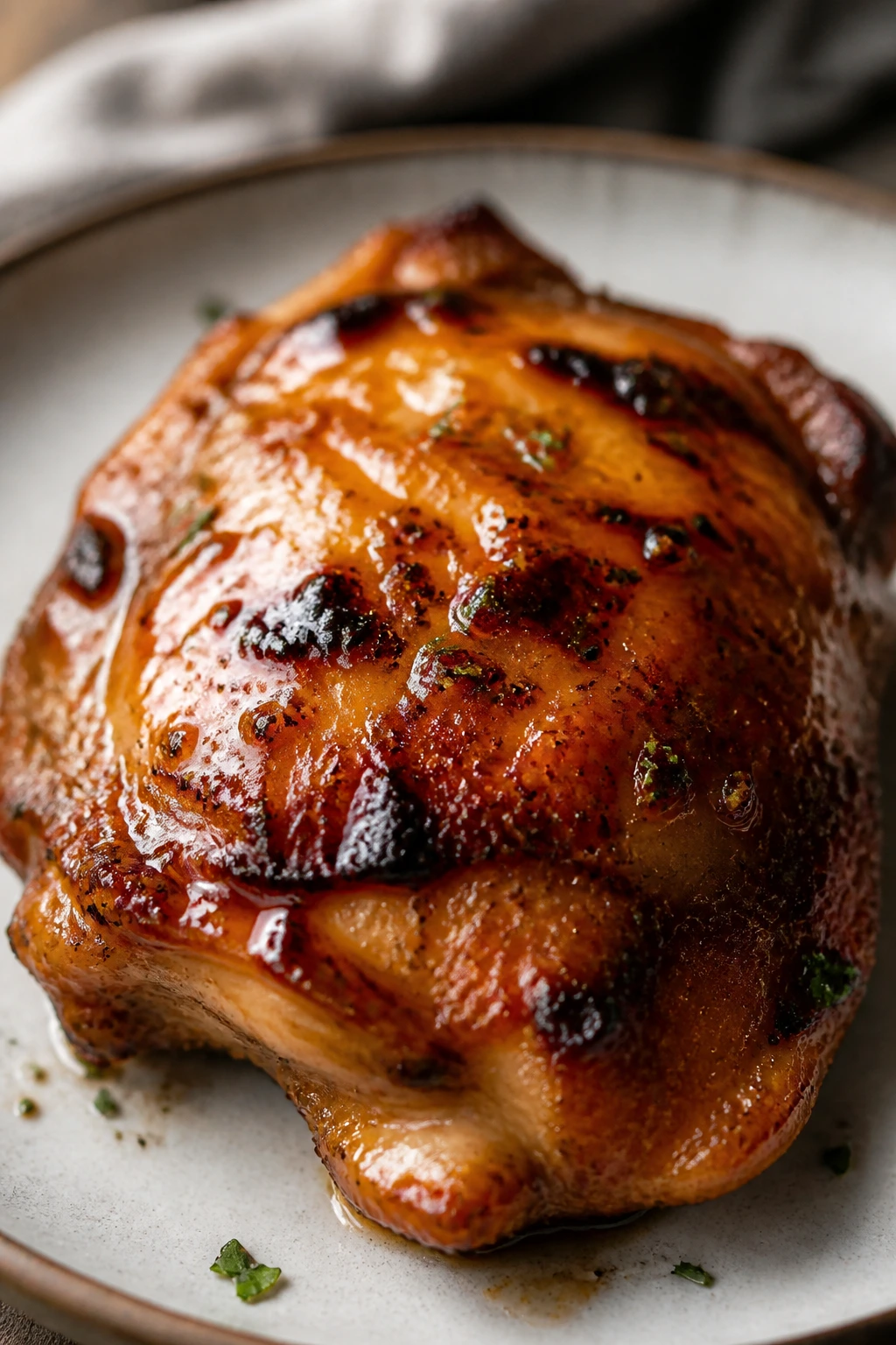 Glazed chicken thigh with glossy finish on a plate