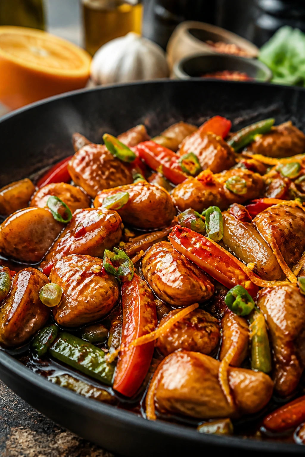 Glossy stir-fry glaze with chili and citrus notes on a skillet