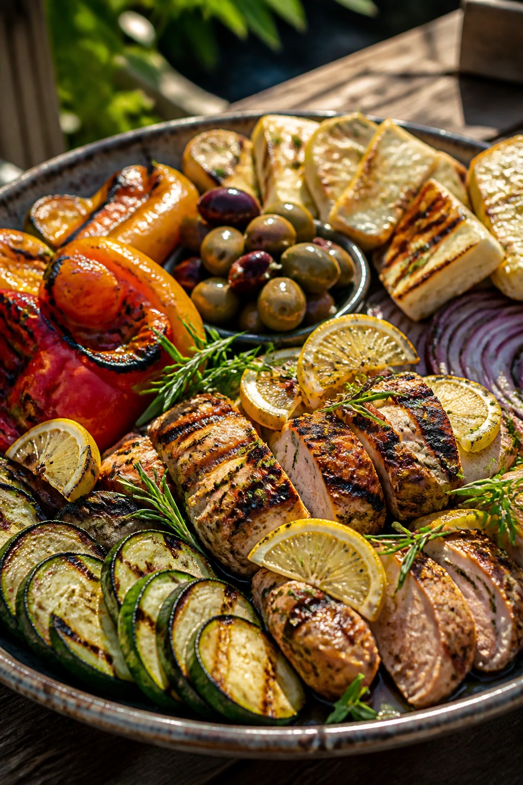 Vibrant charred platter with chicken, halloumi, vegetables and olives outdoors