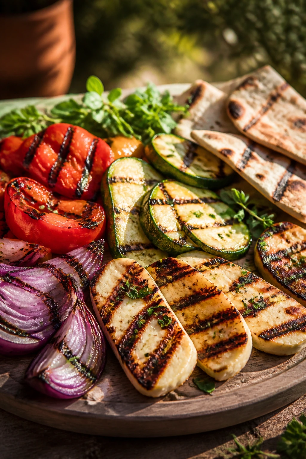 Vibrant Mediterranean grill board with halloumi and vegetables outdoors