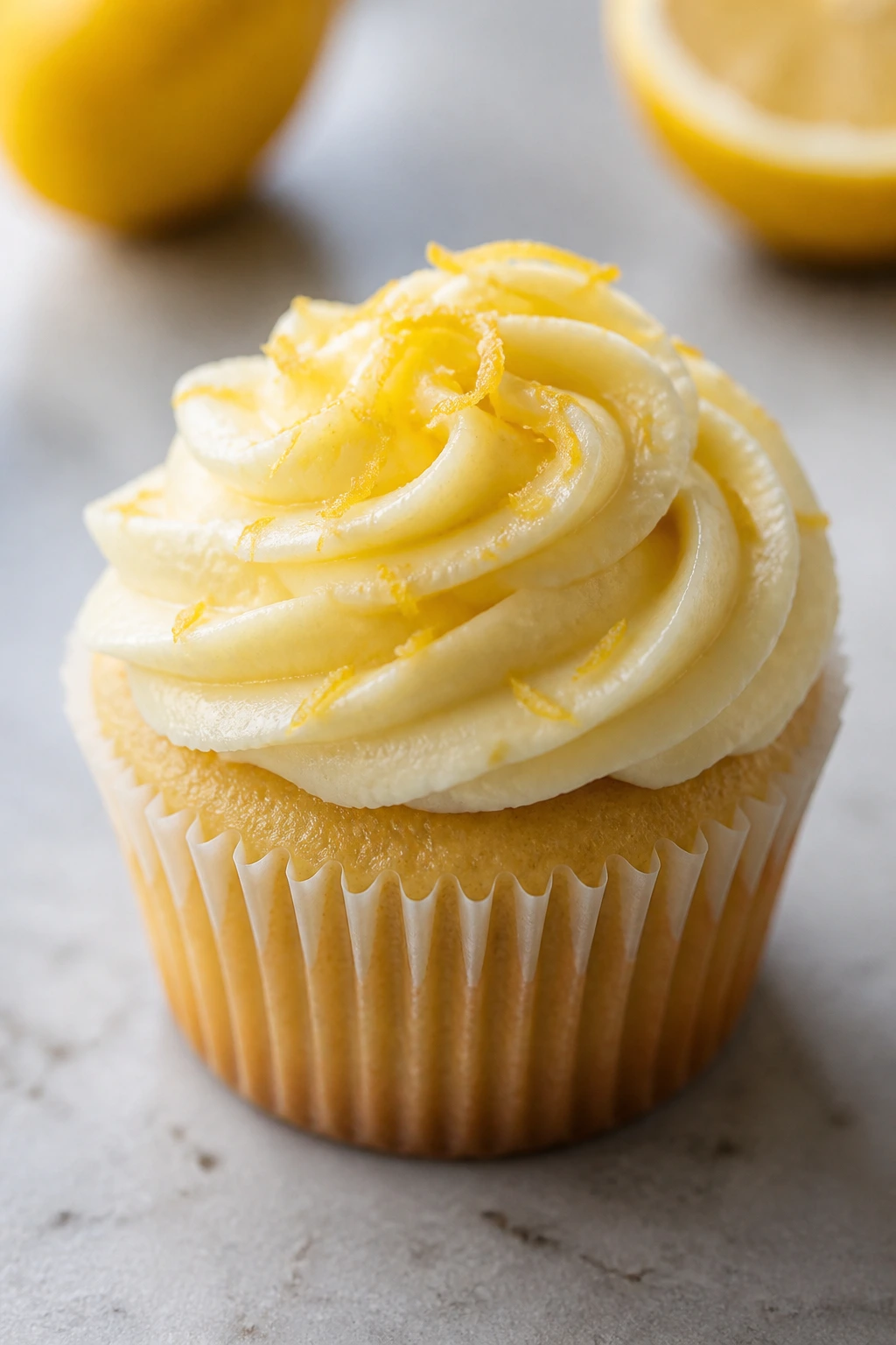 Vanilla cupcake with lemon zest swirl on top