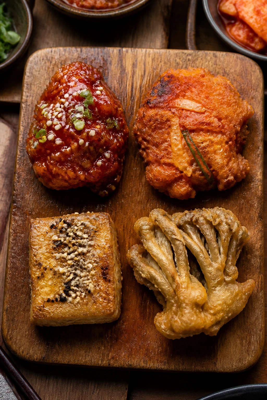 Board with four bite-sized Korean snacks showing variations