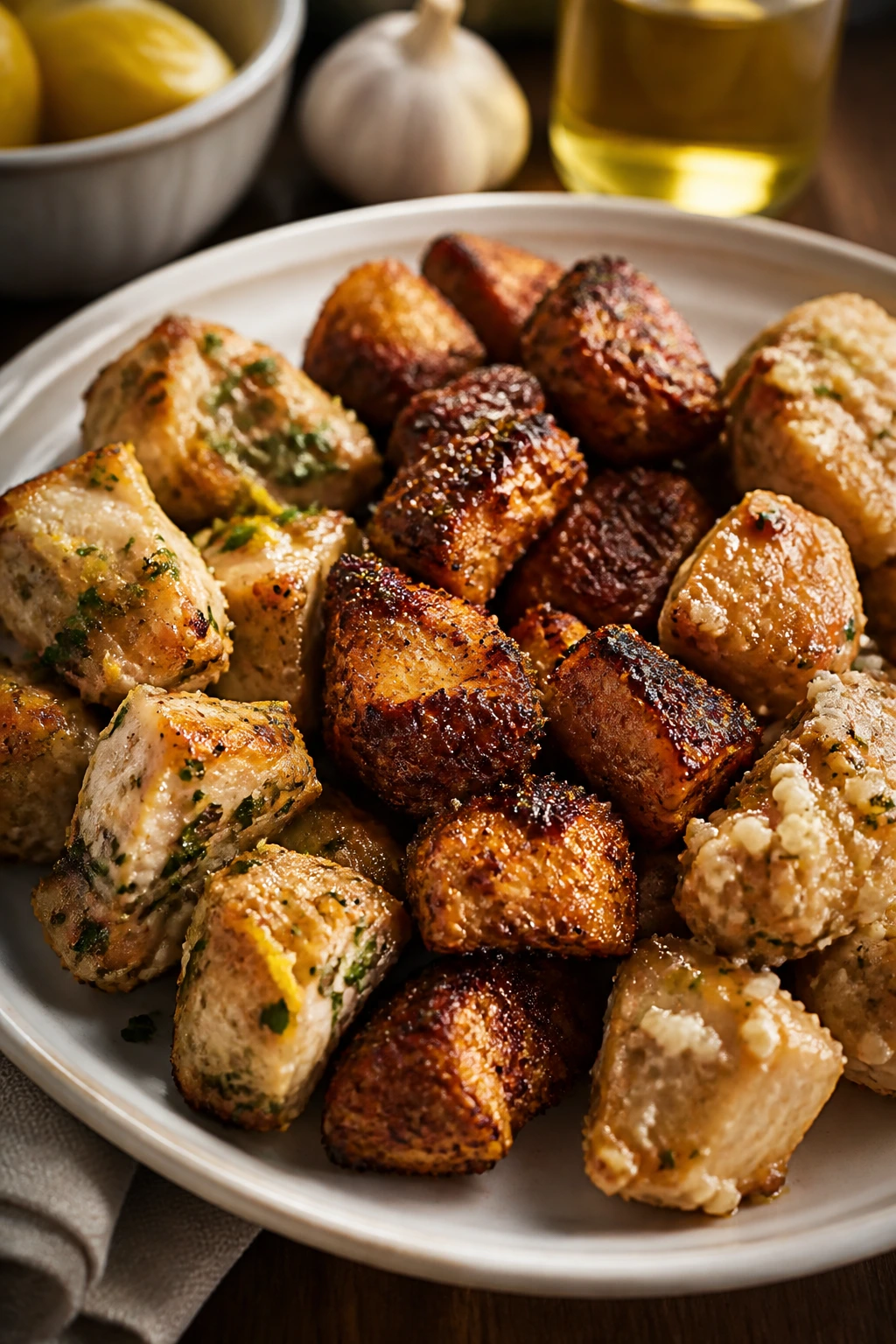Roasted chicken bites with lemon-herb, Cajun, and garlic-Parmesan finishes on a plate.