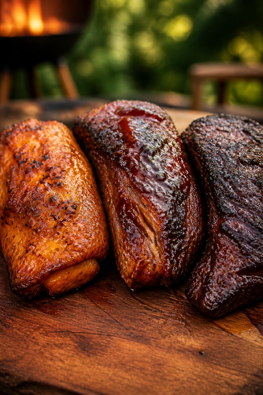 Three smoked meat portions with different glazes showing flavor variations