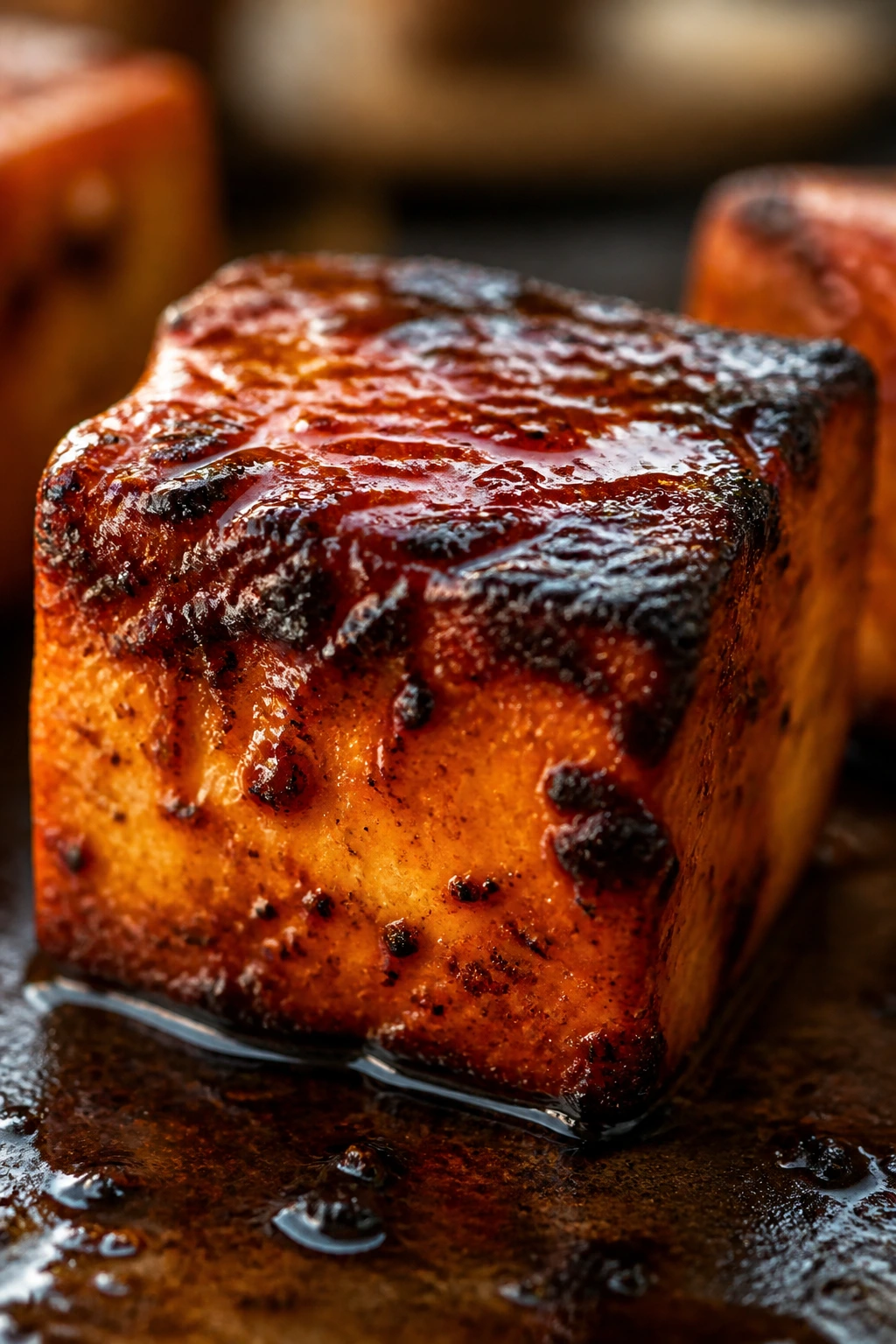 Close-up of a glazed BBQ tofu cube with varied surface tones suggesting different flavors