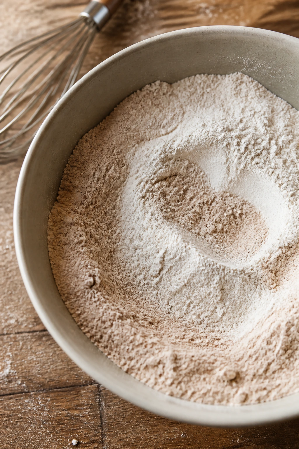 Close-up of flour blend in bowl with whisk on wooden counter