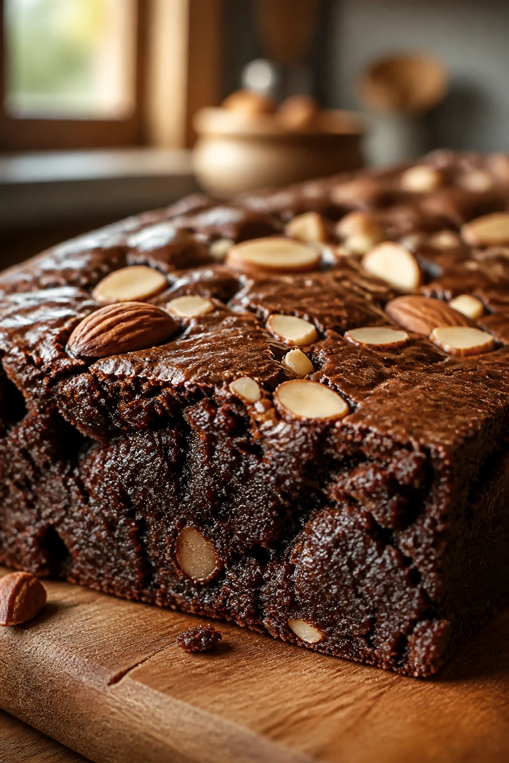 Dense flourless almond brownie square with almond pieces
