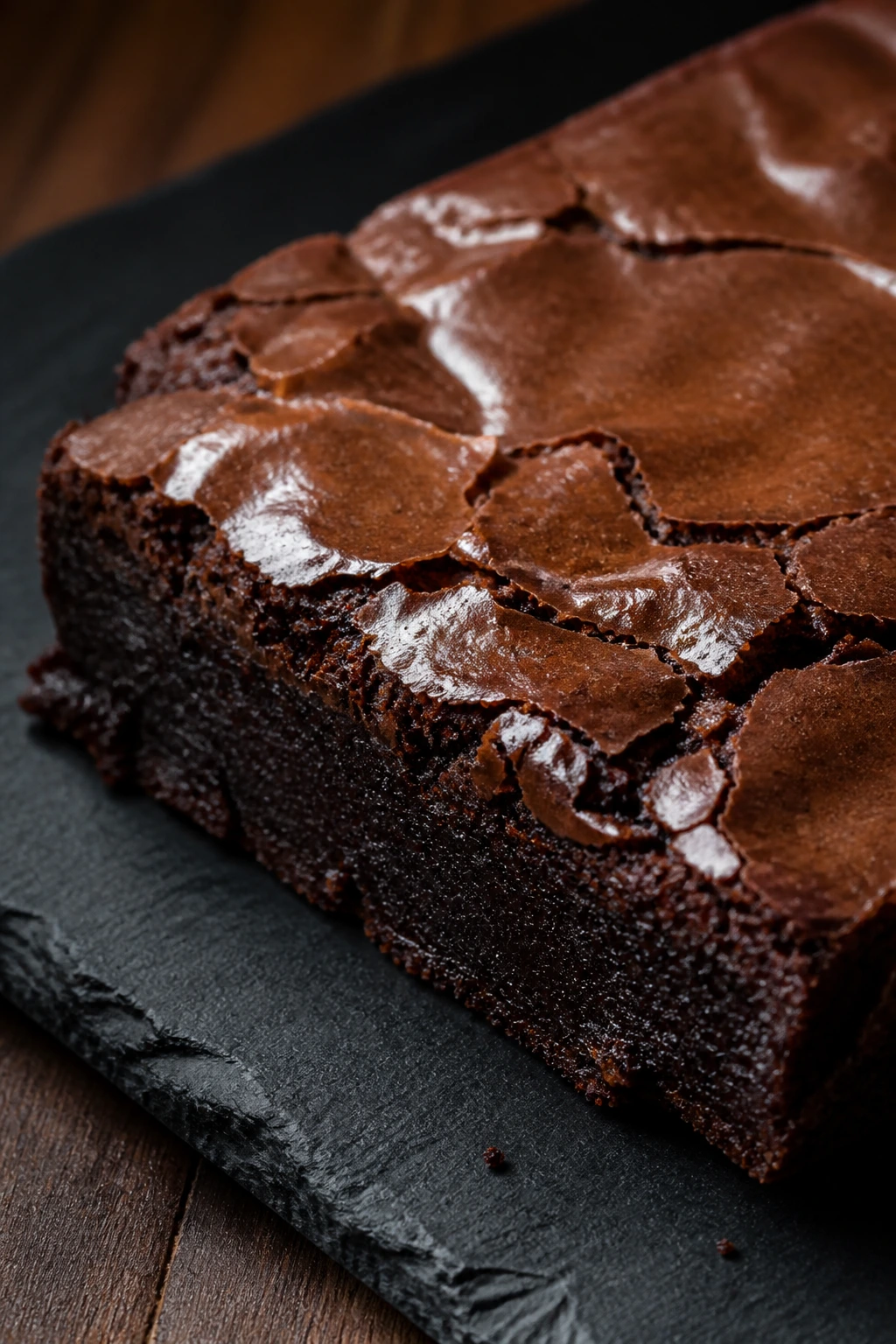 Dense flourless brownie slab with glossy surface in a kitchen setting