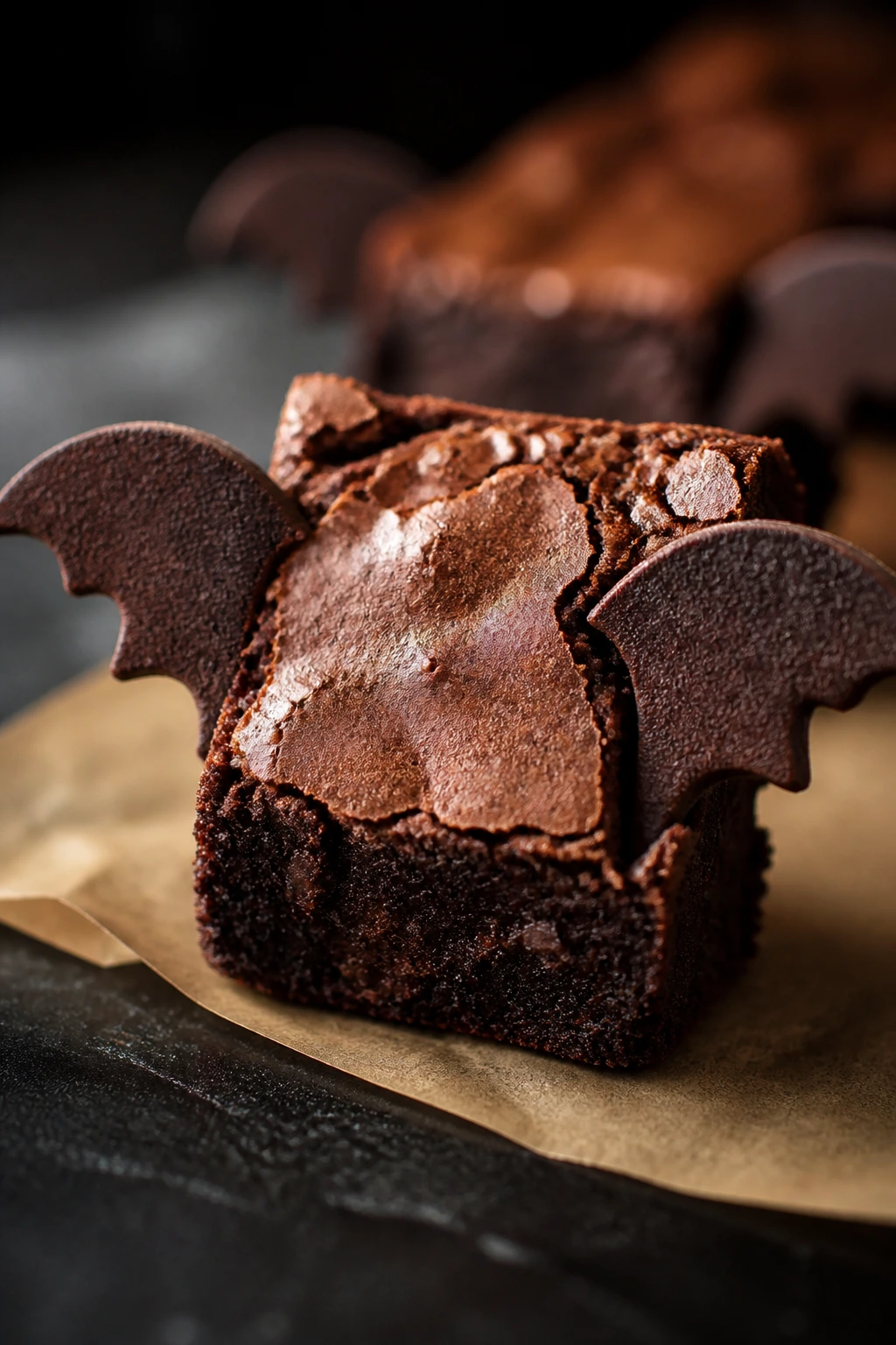 Dense fudgy flourless brownie with crackly top and cookie wings