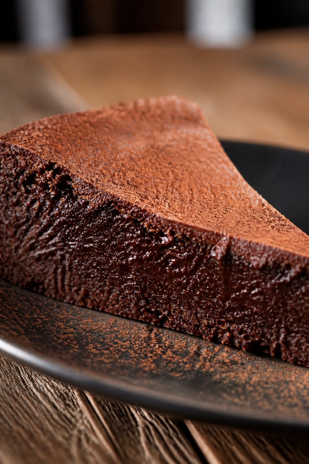 Dense fudgy flourless chocolate cake slice on a dark plate.