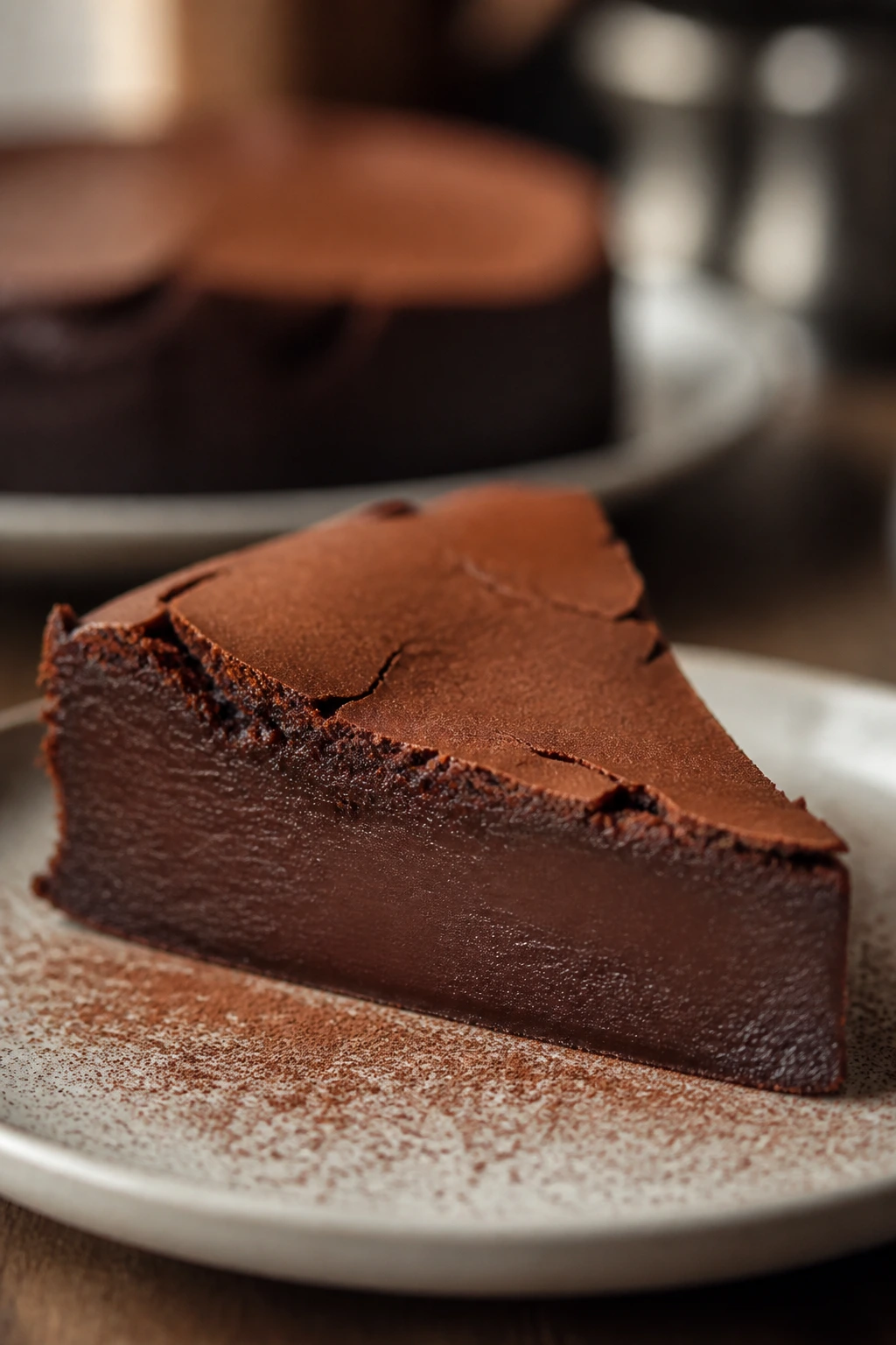Dense flourless chocolate torte slice on a plate with cocoa dust