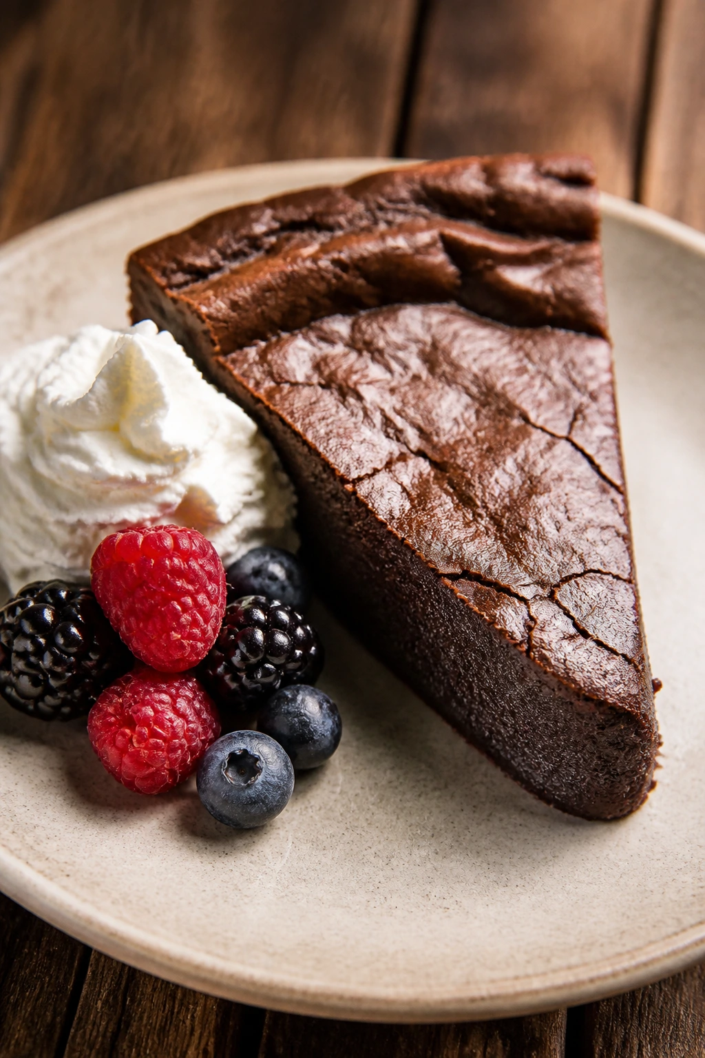 Close-up of a dense glossy flourless chocolate torte wedge with berries and whipped cream on a wooden table