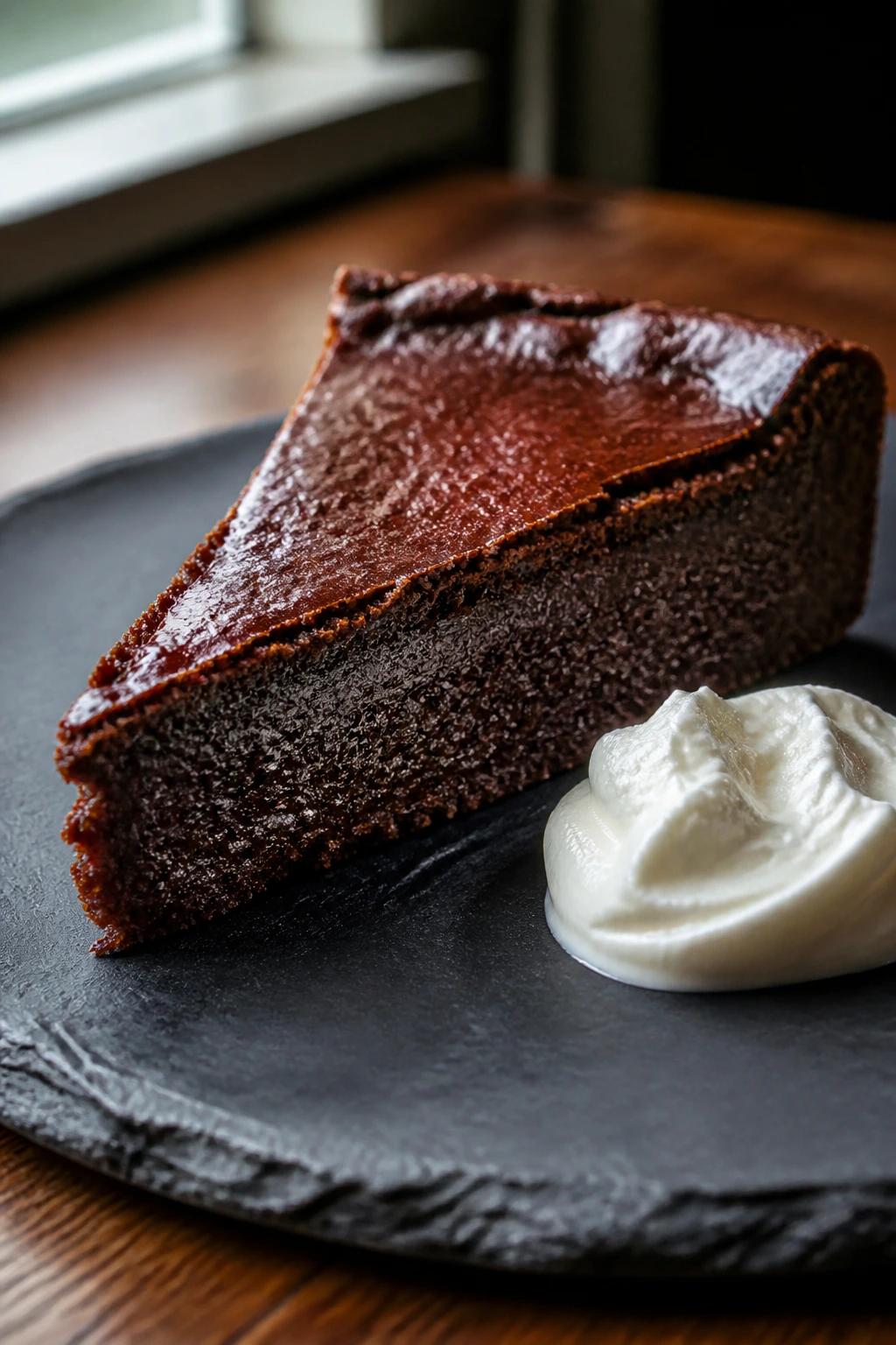 Close-up of a flourless chocolate torte wedge on a plate