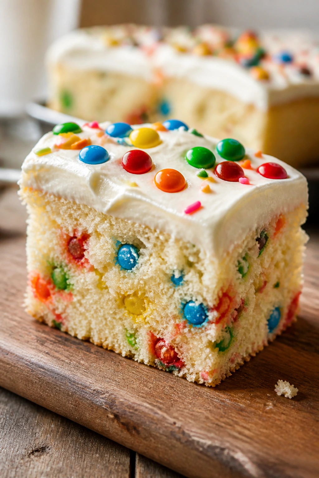 Close-up of fluffy vanilla cake slice with candy bits on rustic board