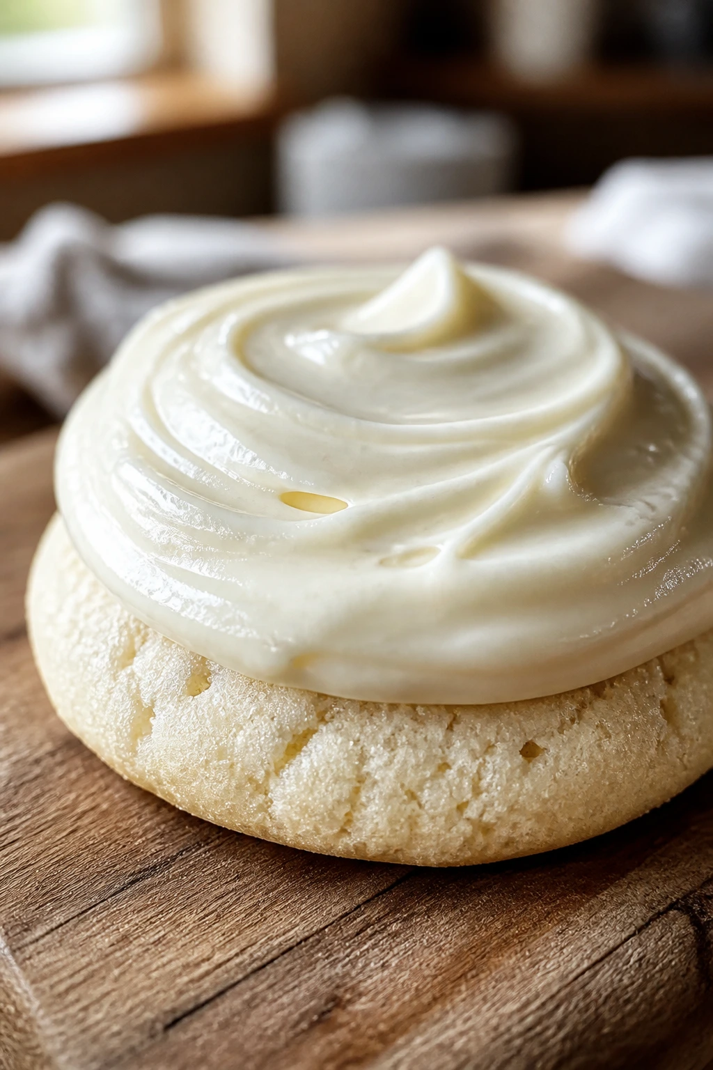 Close-up of a fluffy vanilla cookie with cream cheese frosting on a wooden board