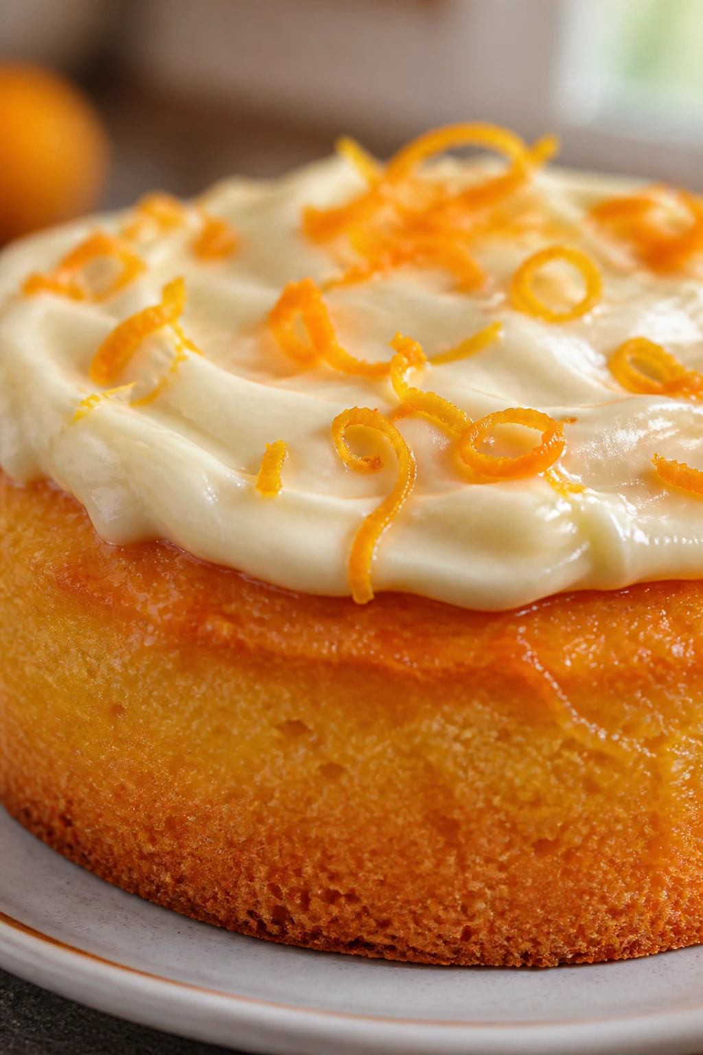 Close-up of fluffy orange tart with glaze and cream cheese frosting topped with orange zest