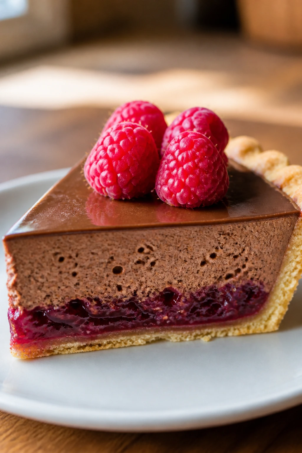 Close-up of a fluffy chocolate raspberry tart slice with raspberries on top on a wooden counter