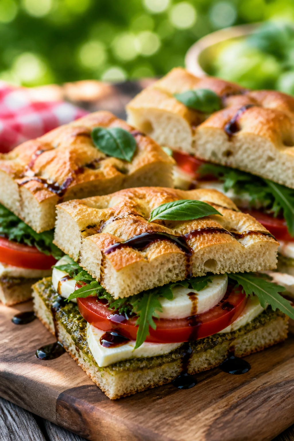 Close-up of caprese focaccia sandwiches on a rustic board