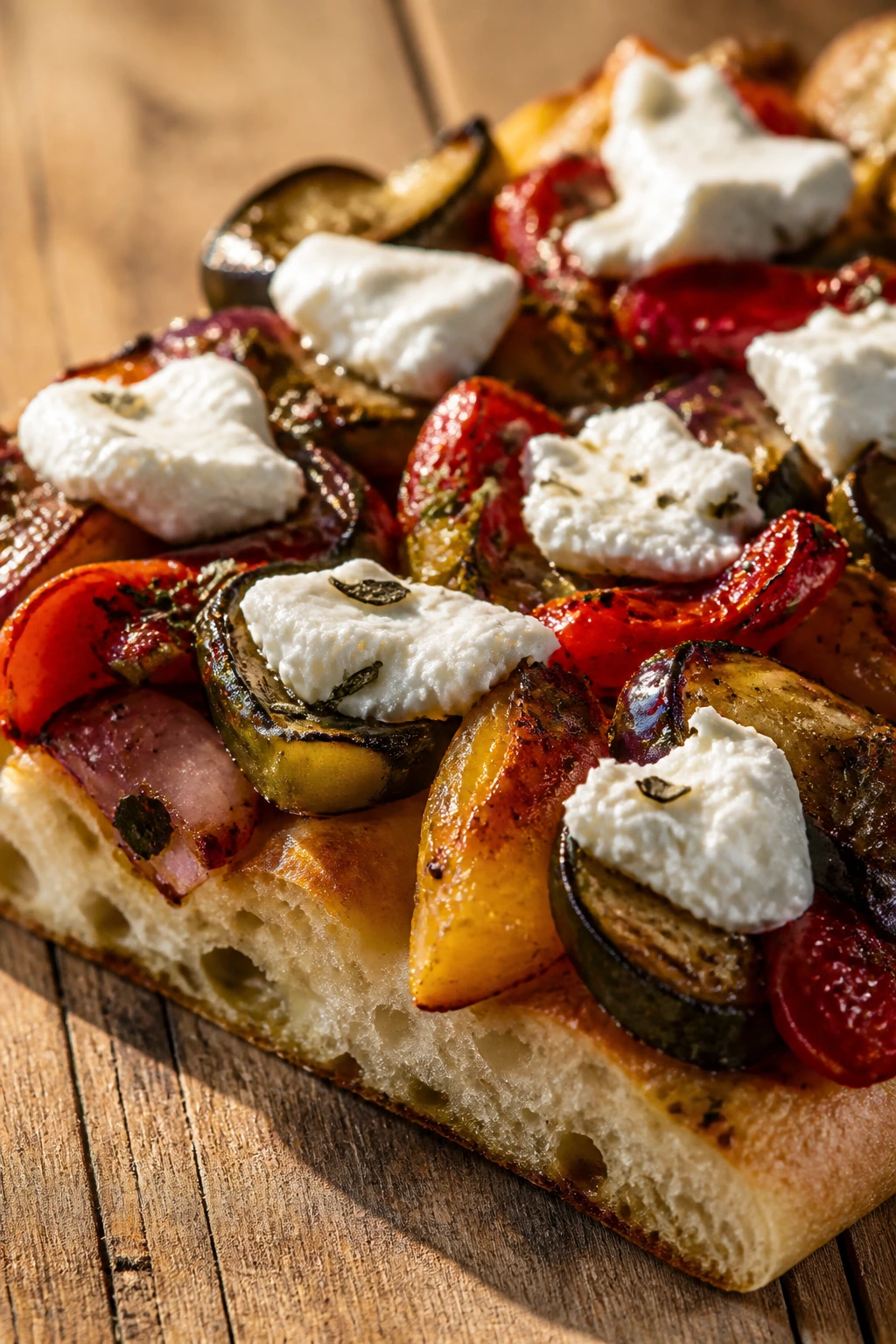 Close-up of roast veggie goat cheese focaccia wedge