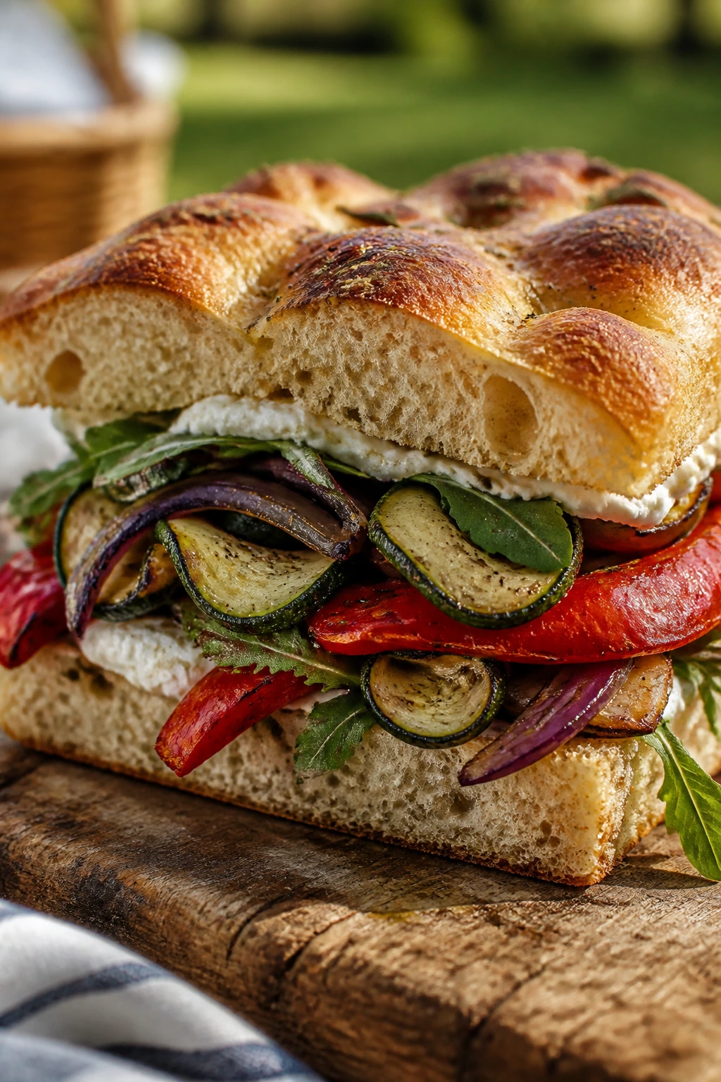 Close-up of a roasted vegetable focaccia sandwich with zucchini, peppers, and onions on a rustic cutting board
